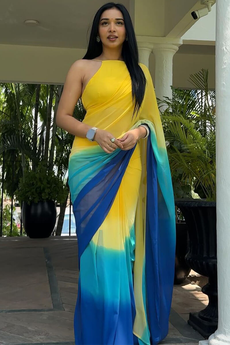 Posh One Minute Ready To Wear Yellow And Blue Georgette Saree