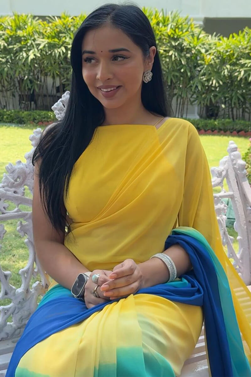 Posh One Minute Ready To Wear Yellow And Blue Georgette Saree