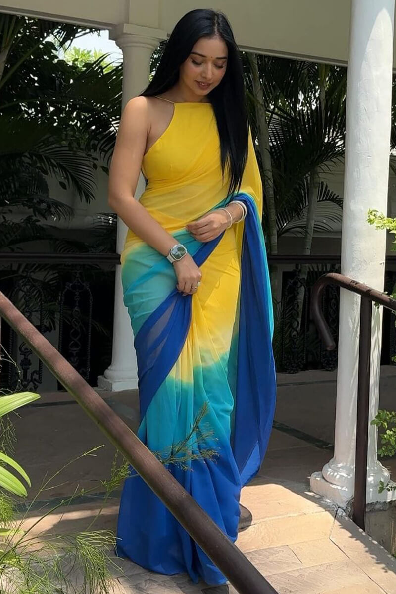 Posh One Minute Ready To Wear Yellow And Blue Georgette Saree