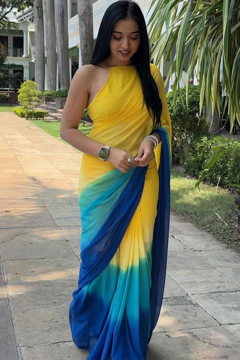 Posh One Minute Ready To Wear Yellow And Blue Georgette Saree