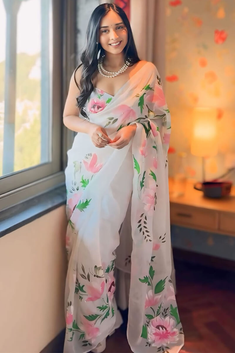 Enchantment One Minute Ready To Wear Off White Organza Saree