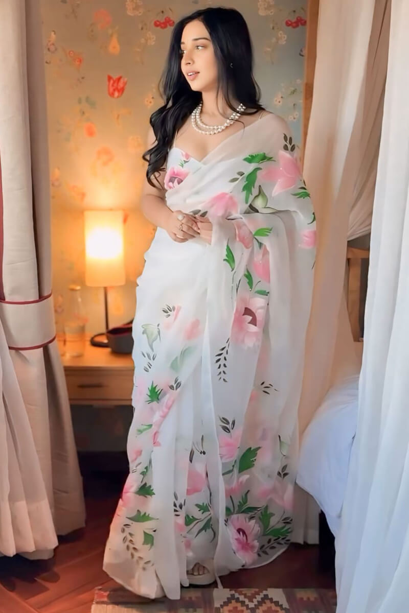 Enchantment One Minute Ready To Wear Off White Organza Saree