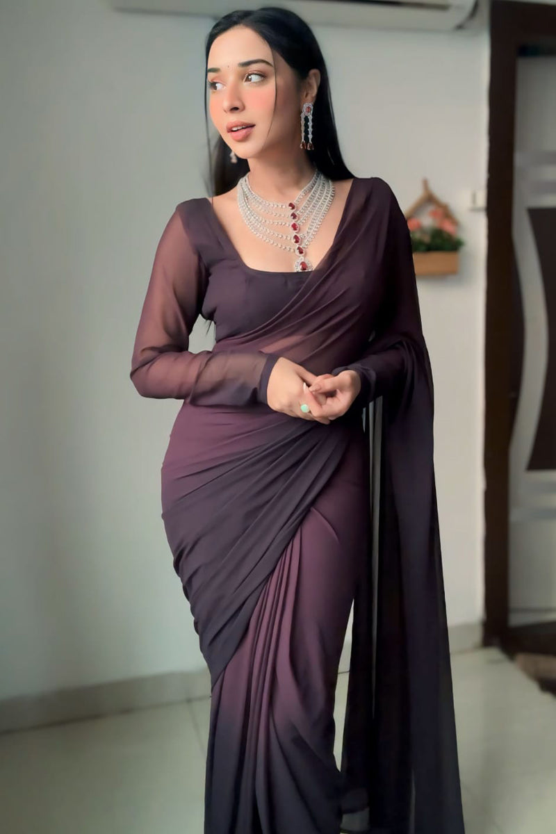 Amorous One Minute Ready To Wear Brown Georgette Saree