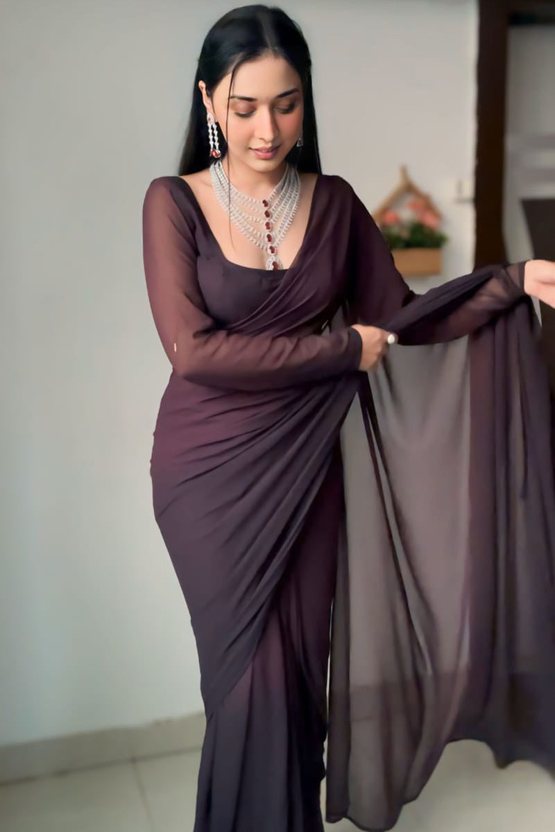 Amorous One Minute Ready To Wear Brown Georgette Saree