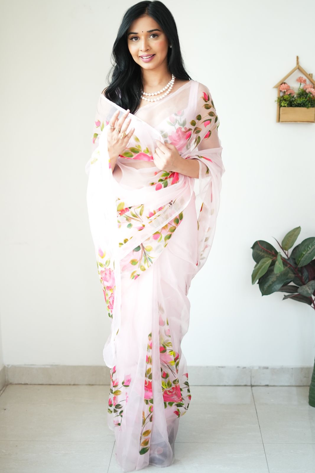 Delight One Minute Ready To Wear Baby Pink Organza Saree