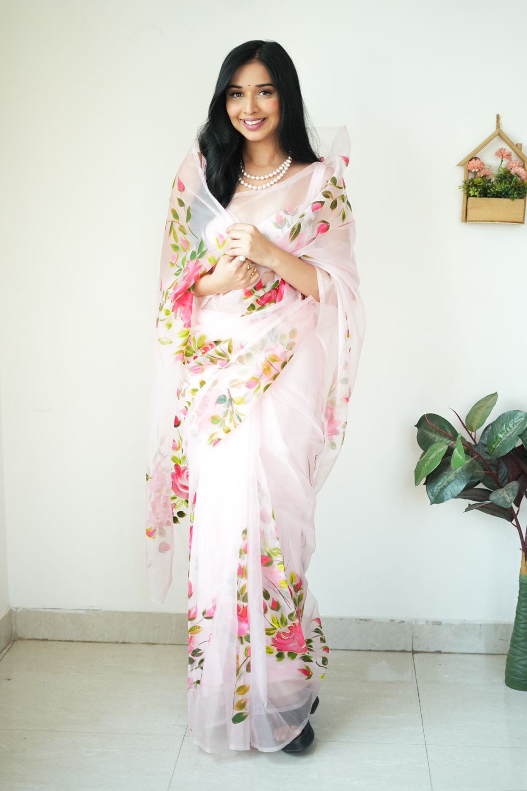 Delight One Minute Ready To Wear Baby Pink Organza Saree