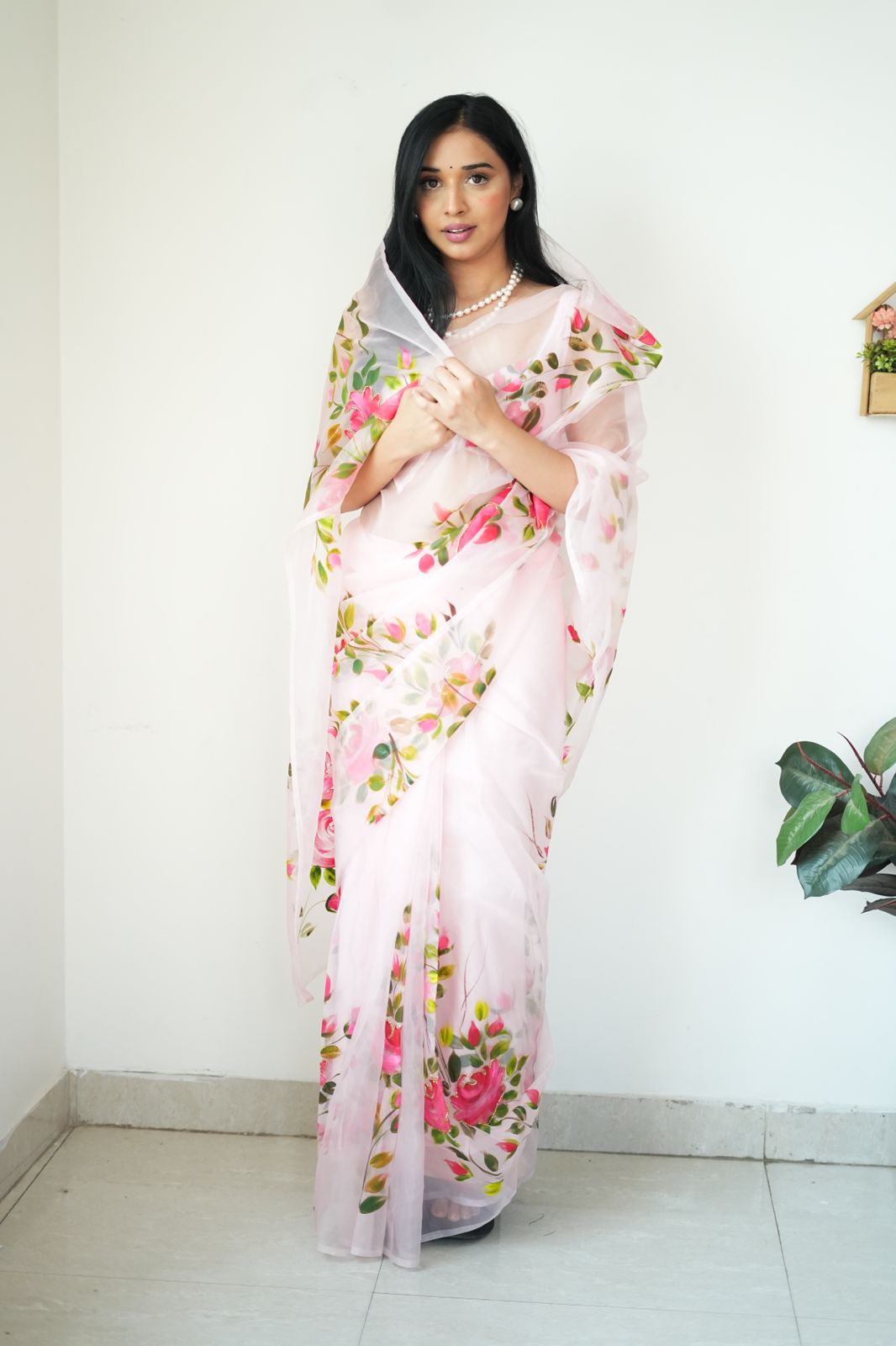 Delight One Minute Ready To Wear Baby Pink Organza Saree