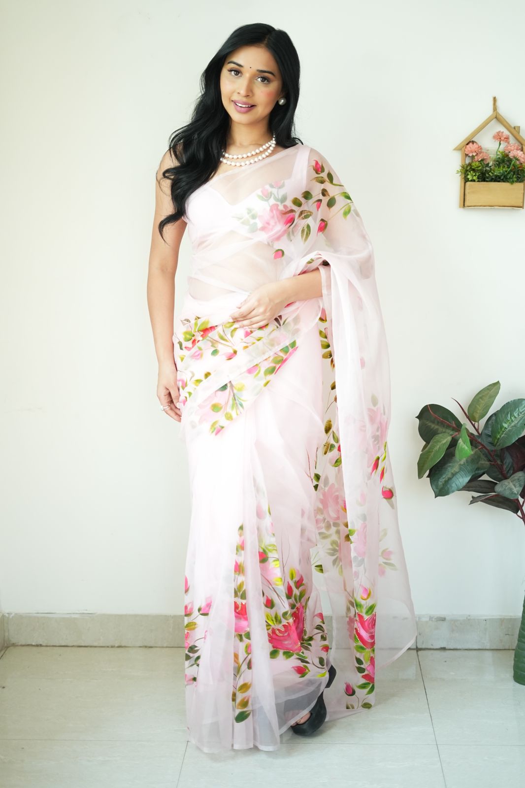 Delight One Minute Ready To Wear Baby Pink Organza Saree