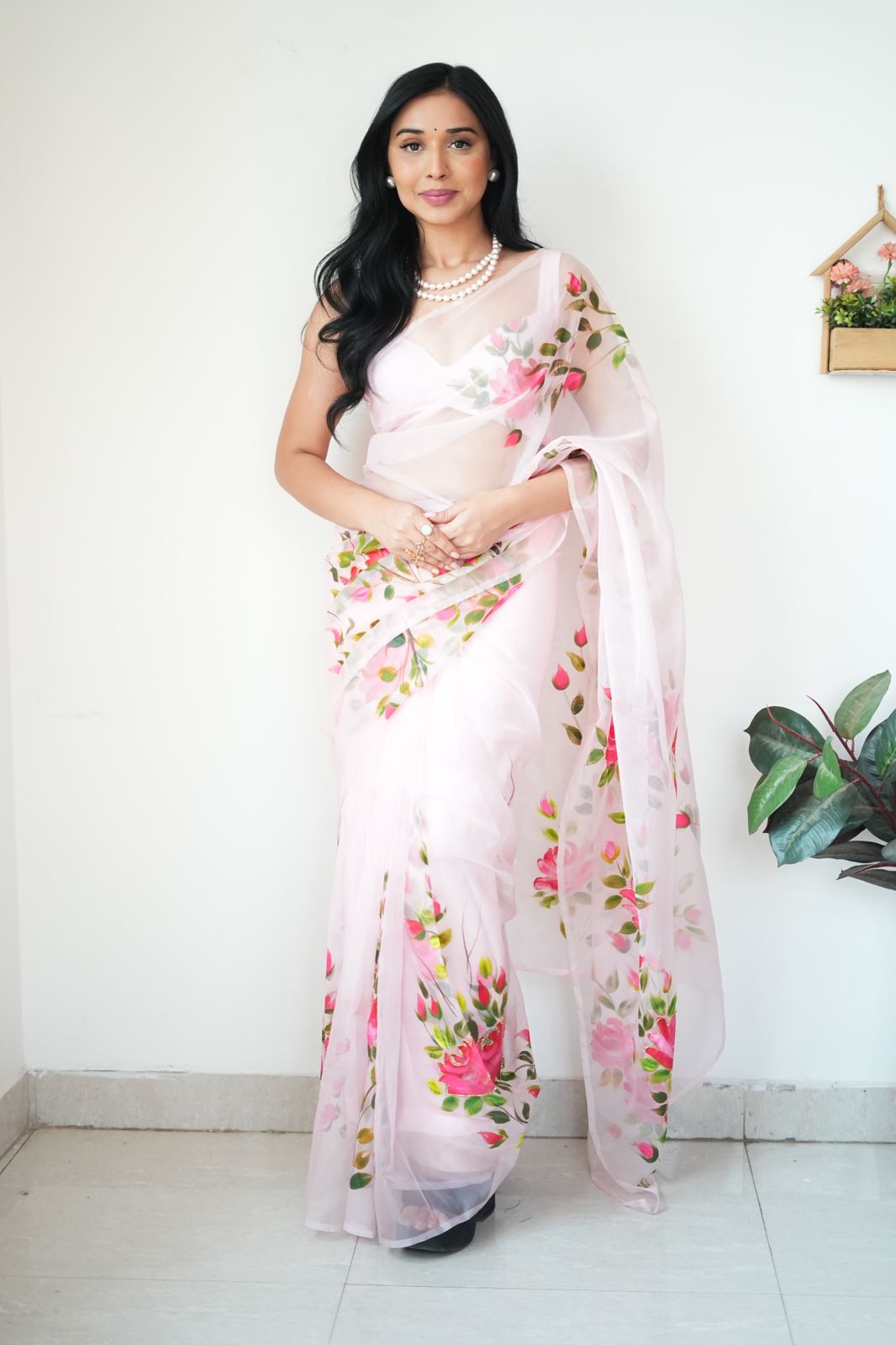 Delight One Minute Ready To Wear Baby Pink Organza Saree