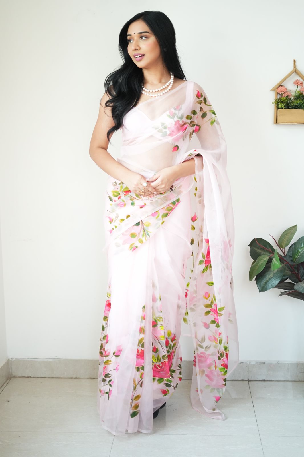 Delight One Minute Ready To Wear Baby Pink Organza Saree