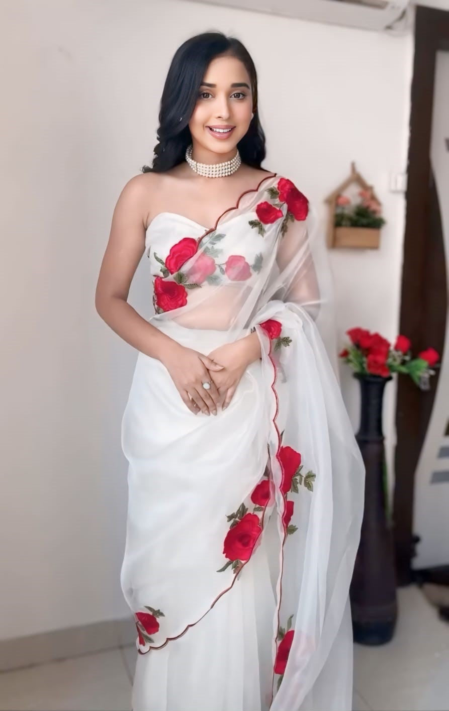 Elegance One Minute Ready To Wear Off White Organza Saree