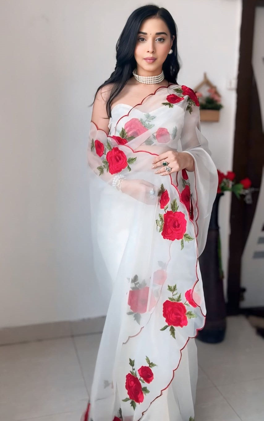 Elegance One Minute Ready To Wear Off White Organza Saree