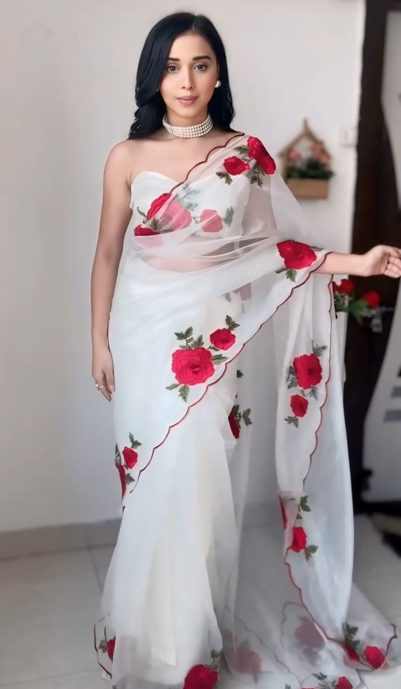 Elegance One Minute Ready To Wear Off White Organza Saree