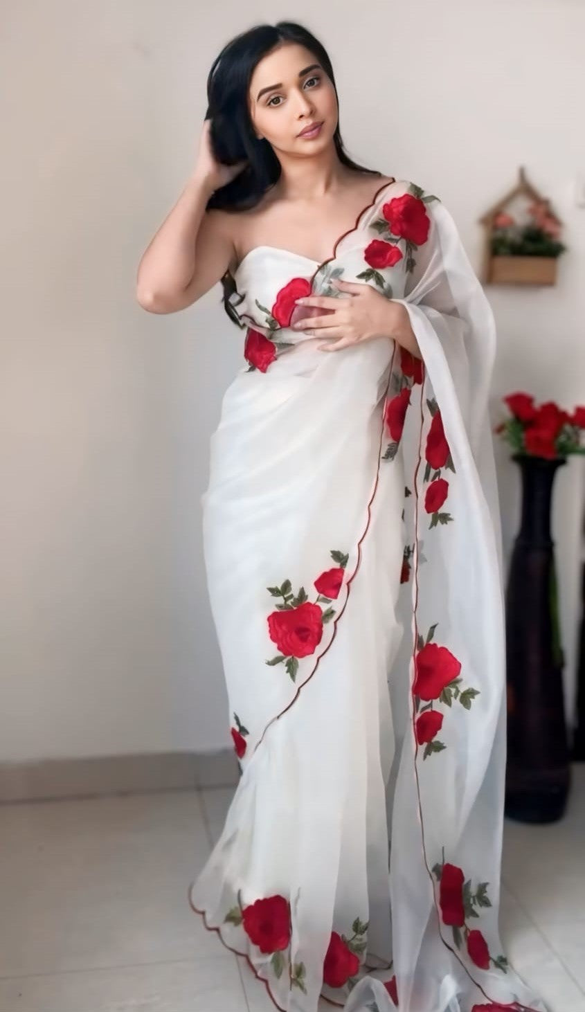 Elegance One Minute Ready To Wear Off White Organza Saree