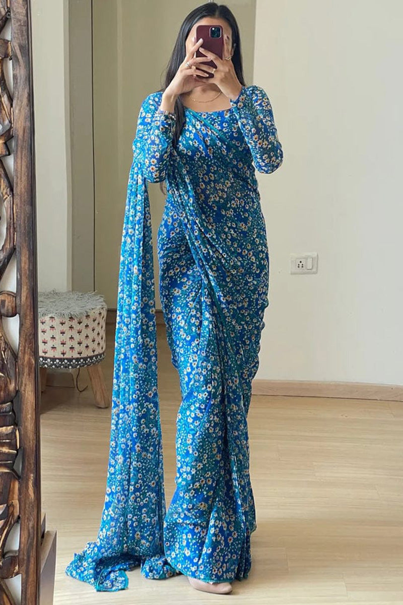 Exquisite One Minute Ready To Wear Blue Georgette Saree