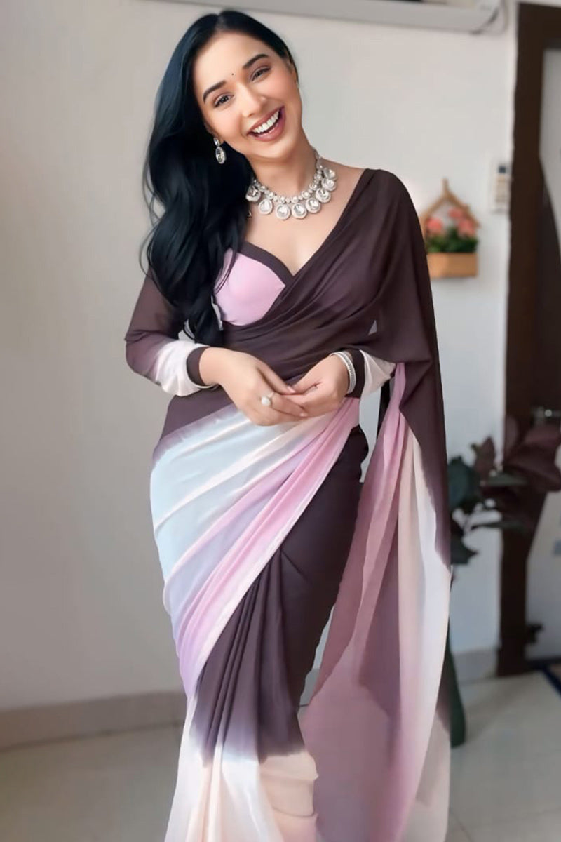 Softness One Minute Ready To Wear Brown And Pink Georgette Saree