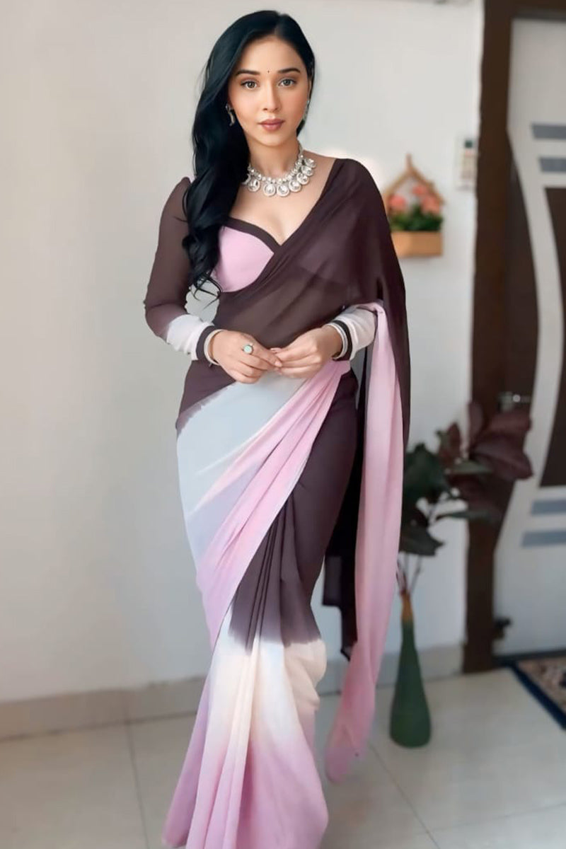 Softness One Minute Ready To Wear Brown And Pink Georgette Saree