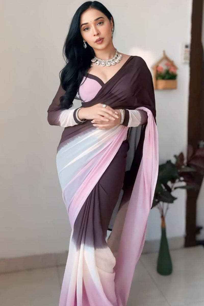 Softness One Minute Ready To Wear Brown And Pink Georgette Saree