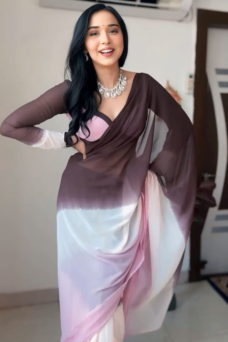 Softness One Minute Ready To Wear Brown And Pink Georgette Saree