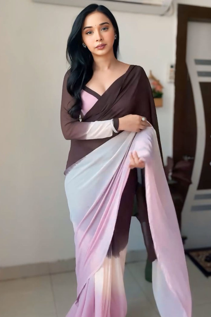 Softness One Minute Ready To Wear Brown And Pink Georgette Saree