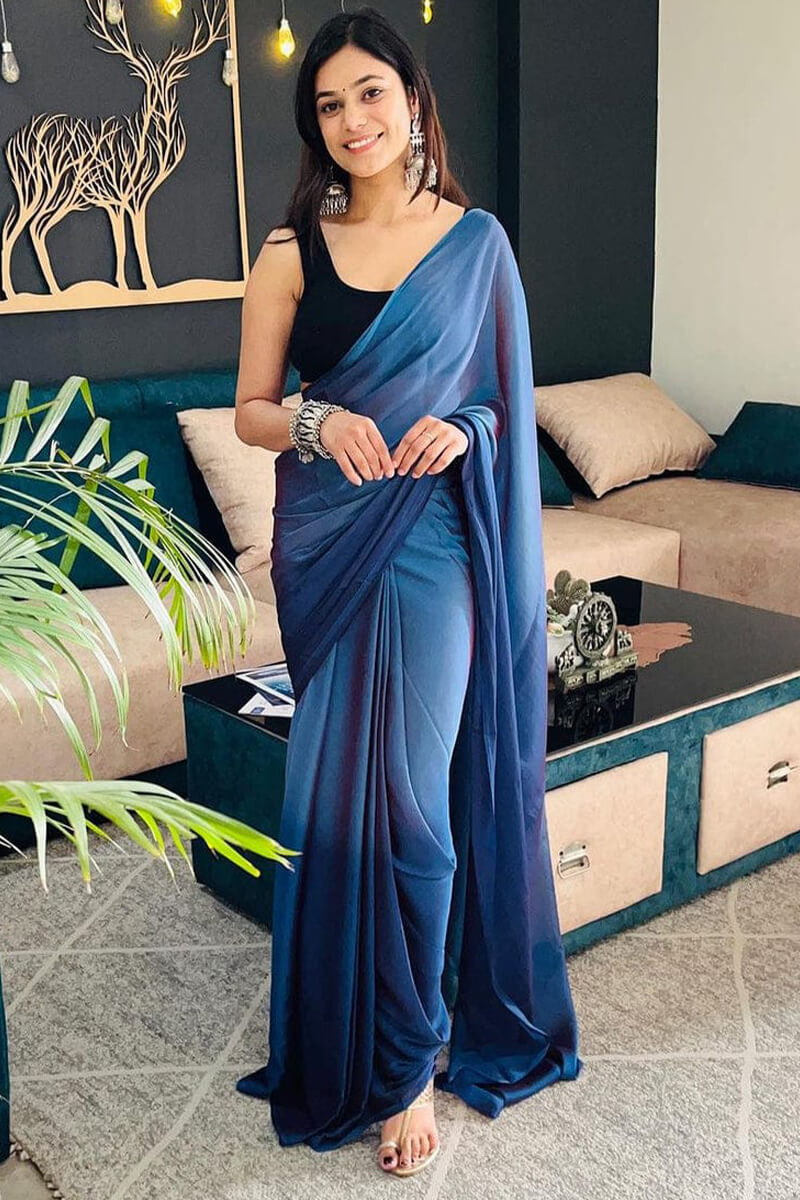 Splendid One Minute Ready To Wear Blue Chiffon Silk Saree