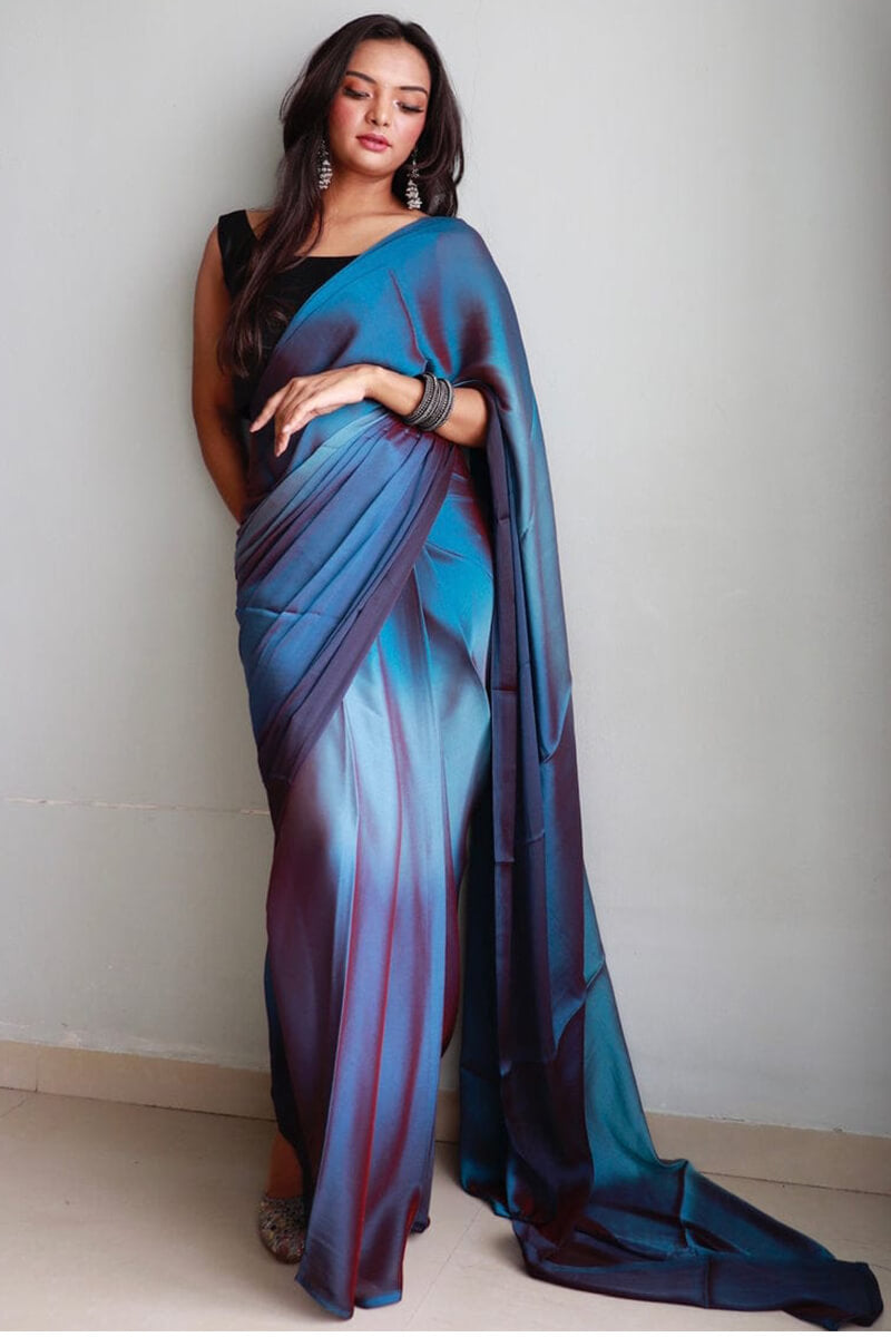 Splendid One Minute Ready To Wear Blue Chiffon Silk Saree