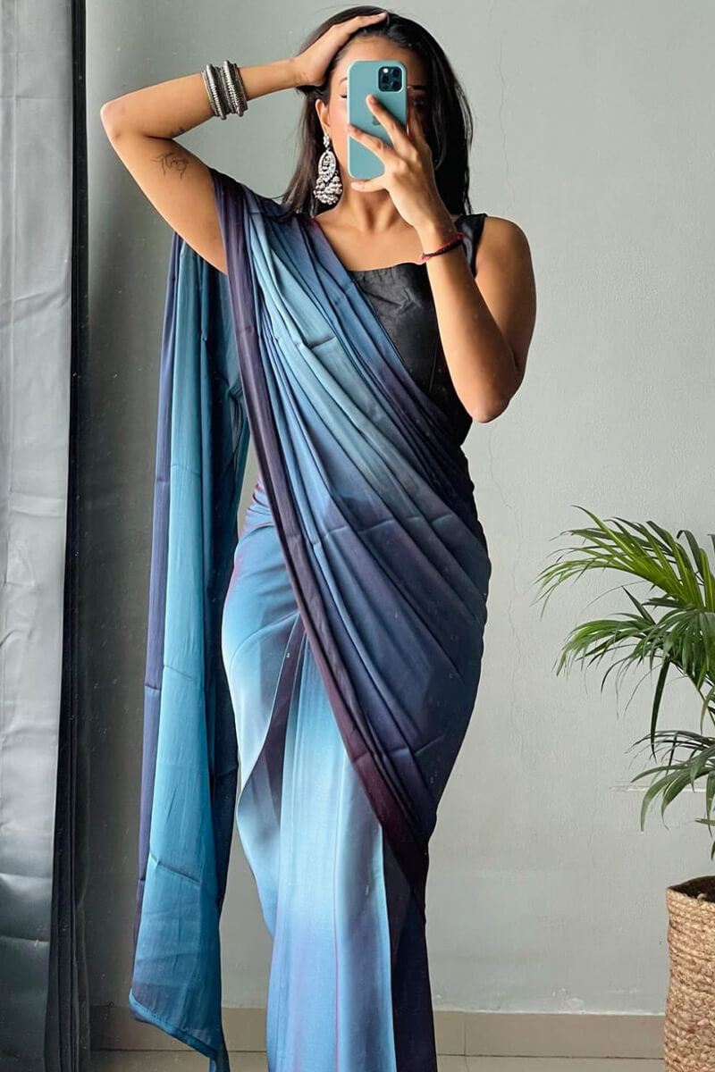 Splendid One Minute Ready To Wear Blue Chiffon Silk Saree