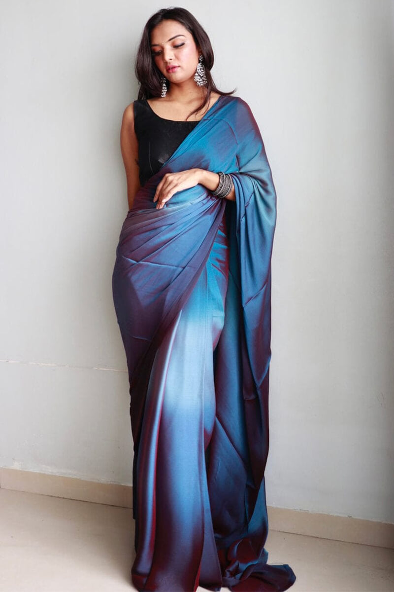 Splendid One Minute Ready To Wear Blue Chiffon Silk Saree