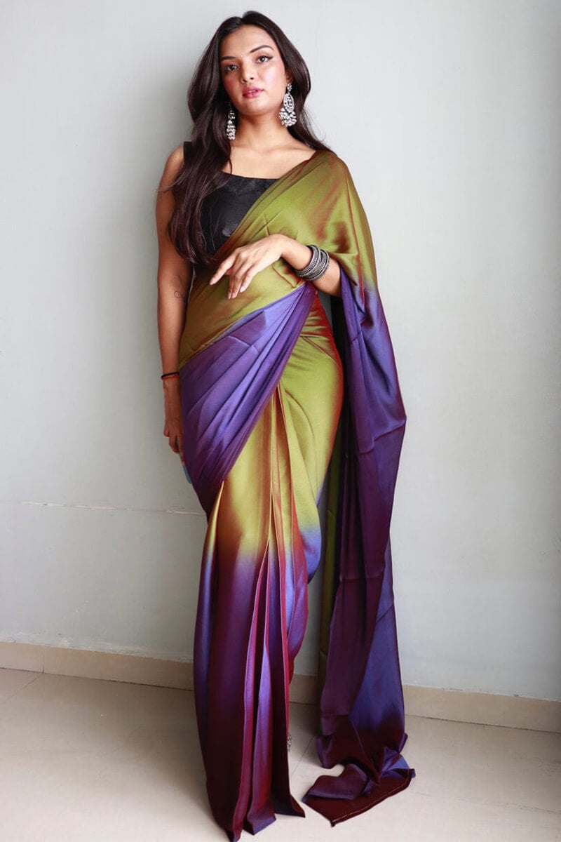 Jubilance One Minute Ready To Wear Green And Blue Chiffon Silk Saree