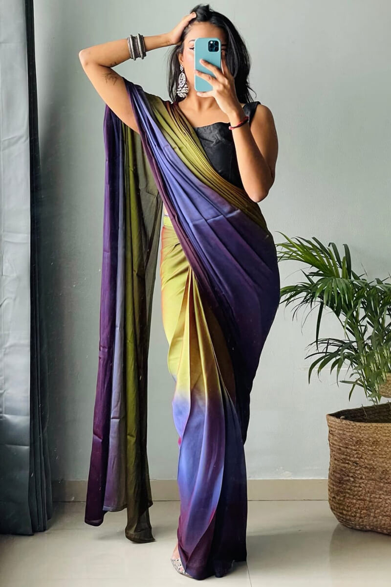 Jubilance One Minute Ready To Wear Green And Blue Chiffon Silk Saree