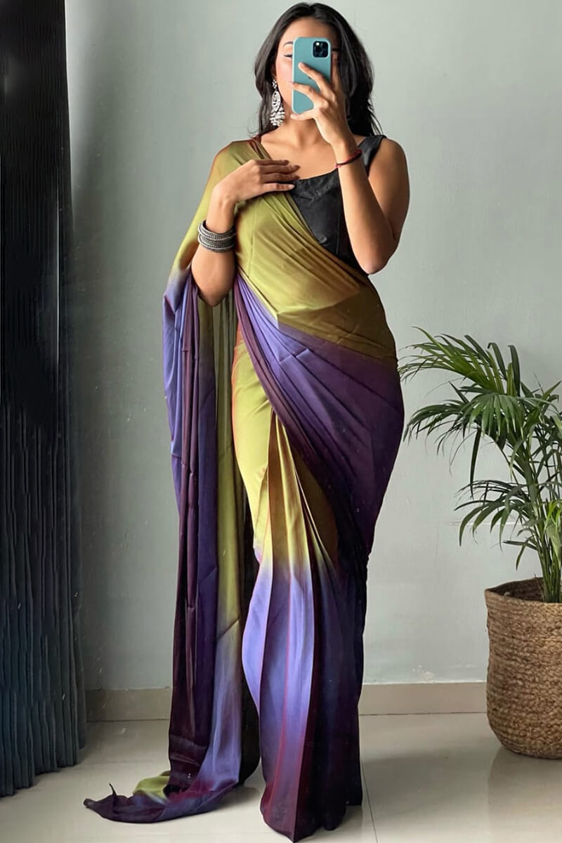 Jubilance One Minute Ready To Wear Green And Blue Chiffon Silk Saree