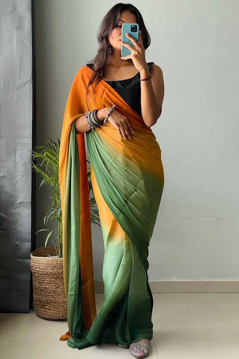 Majestic One Minute Ready To Wear Orange And Green Chiffon Silk Saree