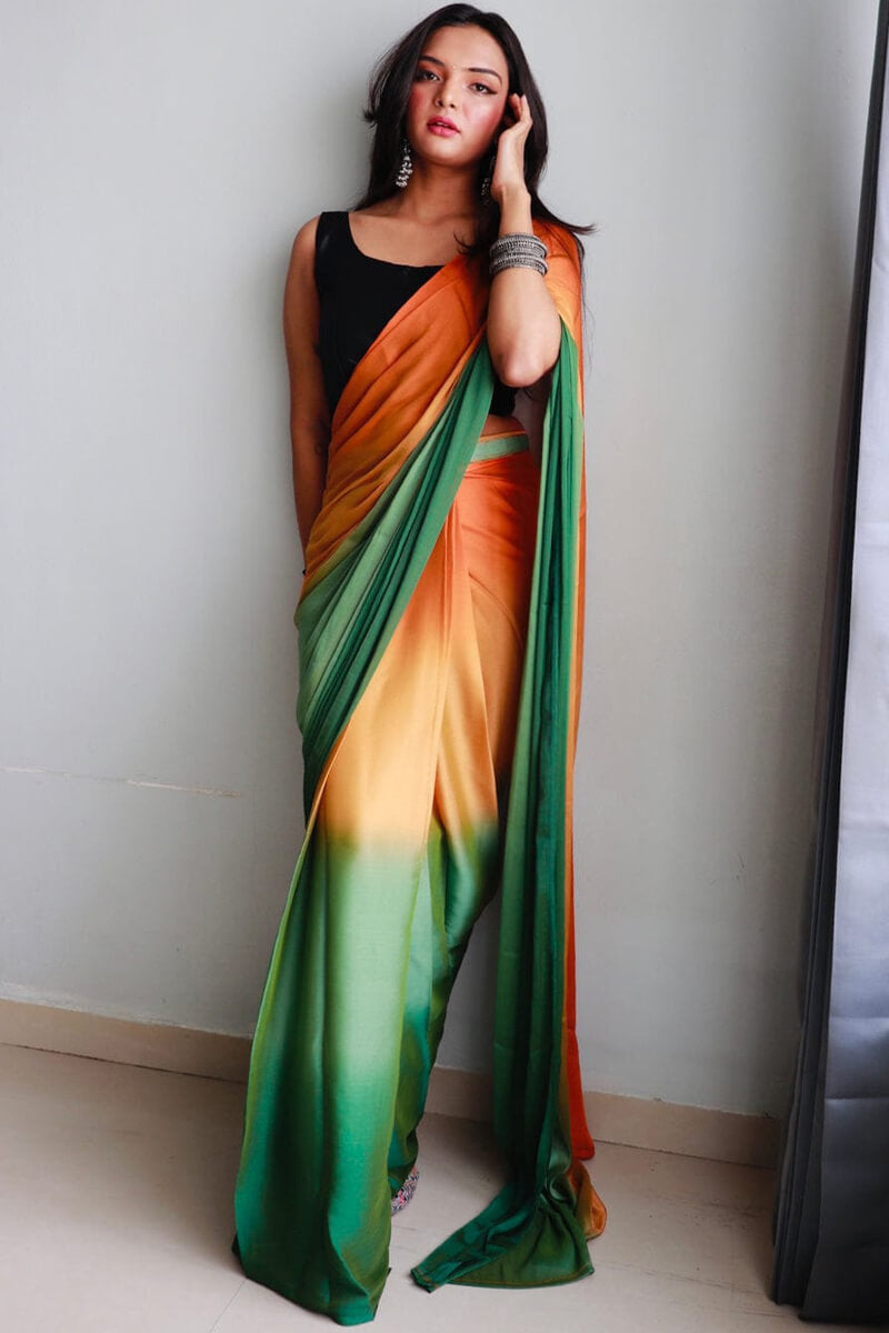 Majestic One Minute Ready To Wear Orange And Green Chiffon Silk Saree