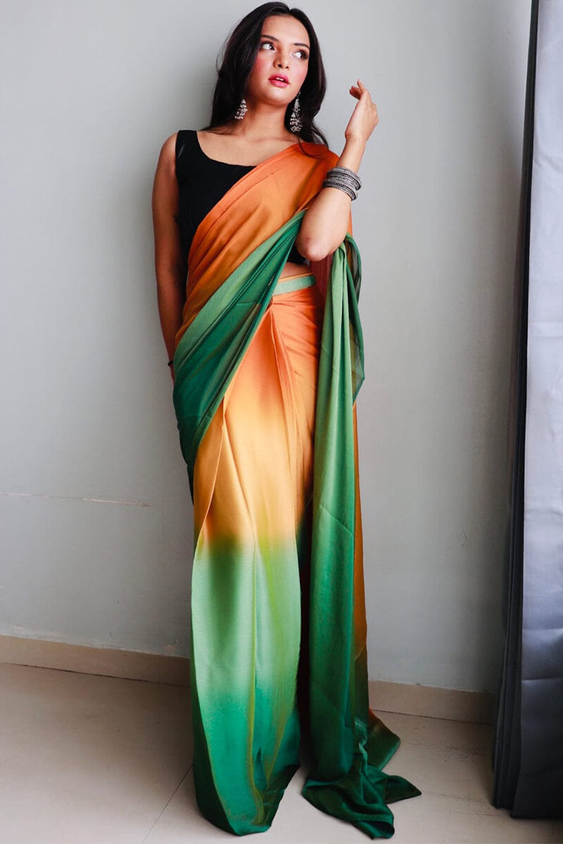 Majestic One Minute Ready To Wear Orange And Green Chiffon Silk Saree