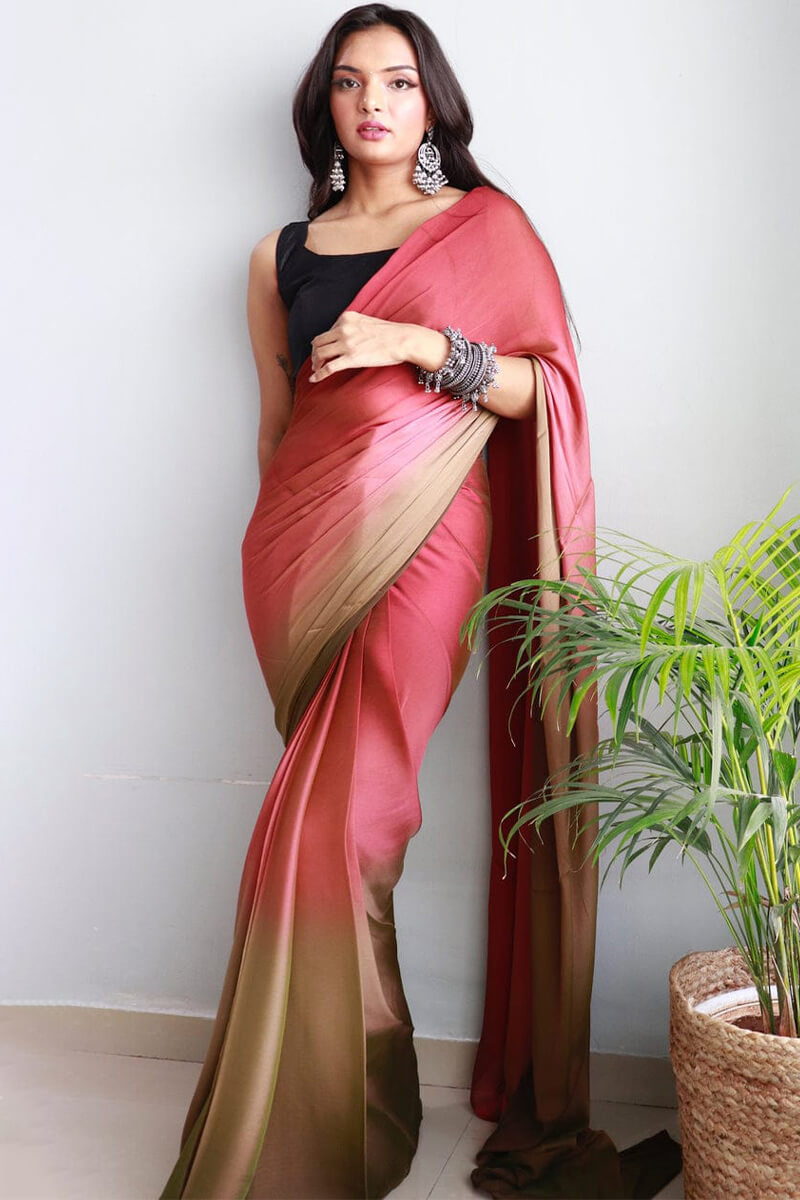 Celestial One Minute Ready To Wear Pink And Brown Chiffon Silk Saree