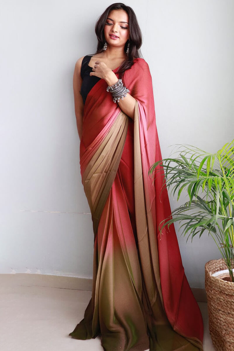 Celestial One Minute Ready To Wear Pink And Brown Chiffon Silk Saree