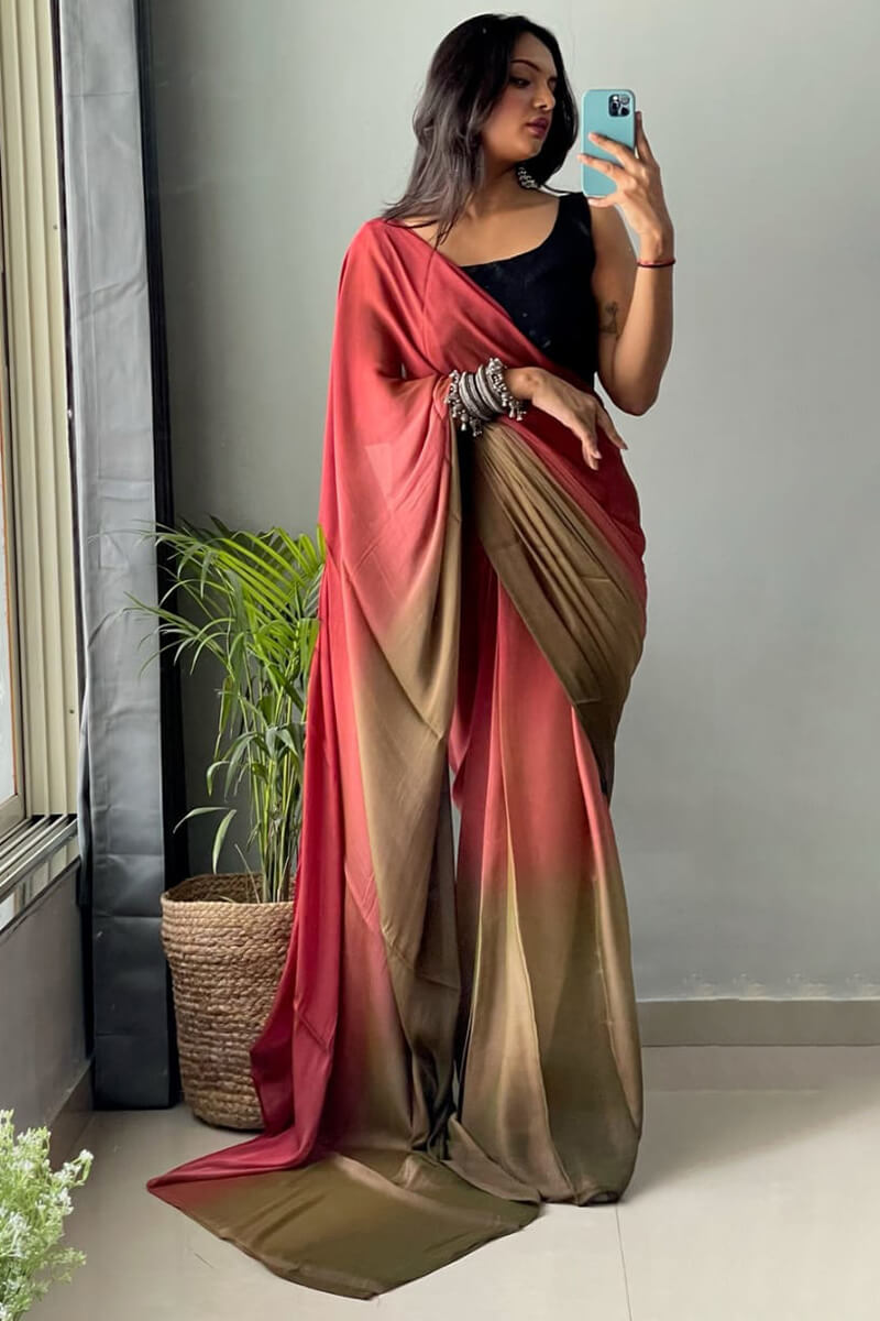 Celestial One Minute Ready To Wear Pink And Brown Chiffon Silk Saree