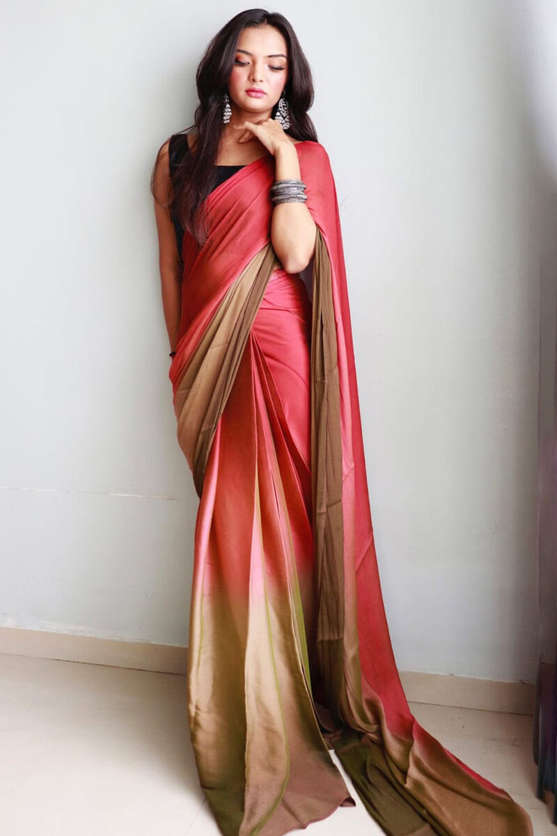 Celestial One Minute Ready To Wear Pink And Brown Chiffon Silk Saree