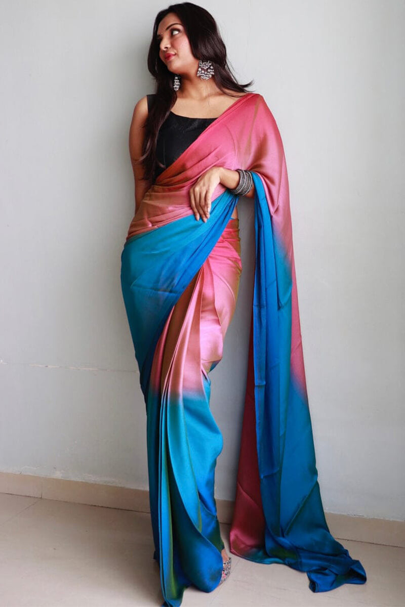 Sparkle One Minute Ready To Wear Pink And Firozi Chiffon Silk Saree