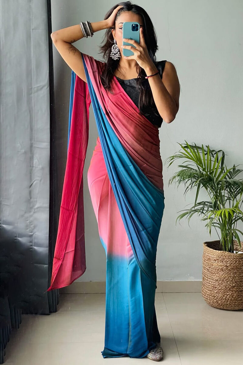 Sparkle One Minute Ready To Wear Pink And Firozi Chiffon Silk Saree