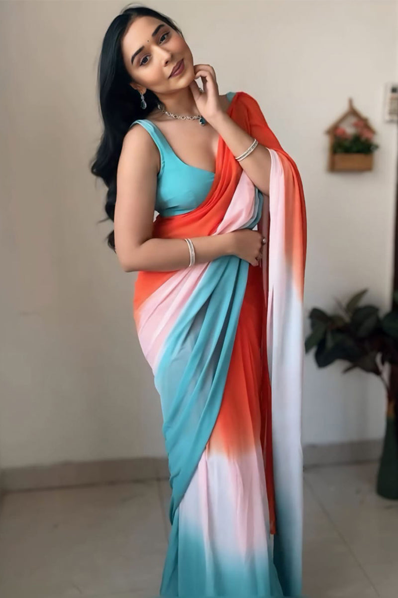 Whisper One Minute Ready To Wear Orange And Firozi Georgette Saree