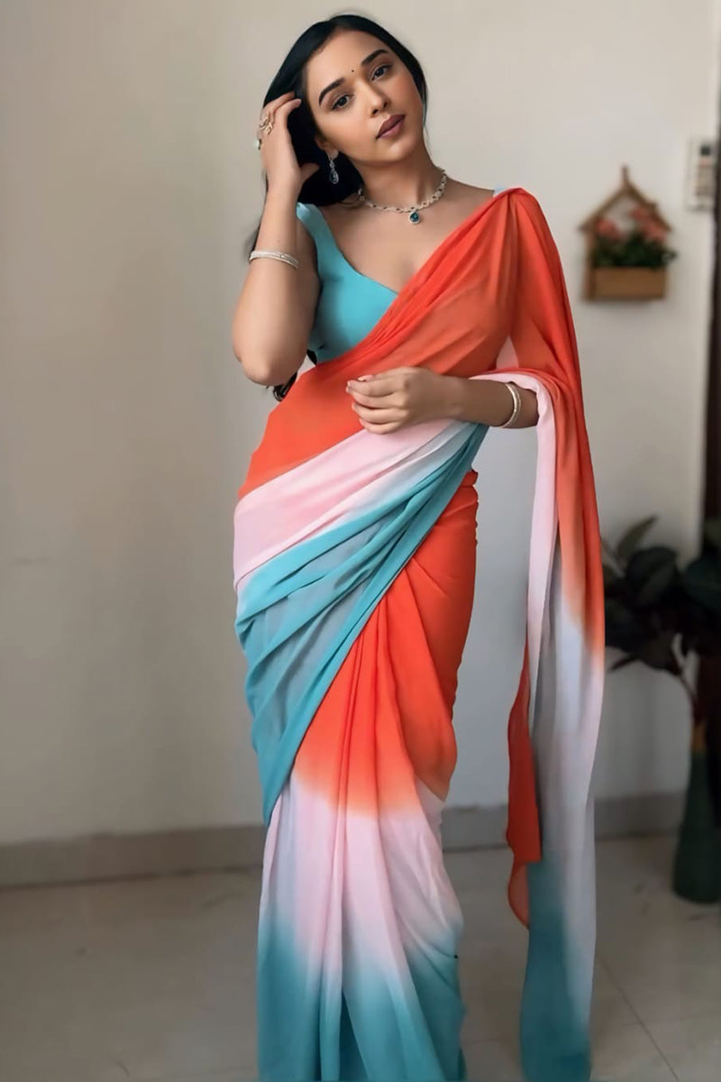 Whisper One Minute Ready To Wear Orange And Firozi Georgette Saree