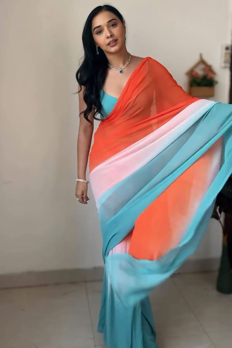 Whisper One Minute Ready To Wear Orange And Firozi Georgette Saree