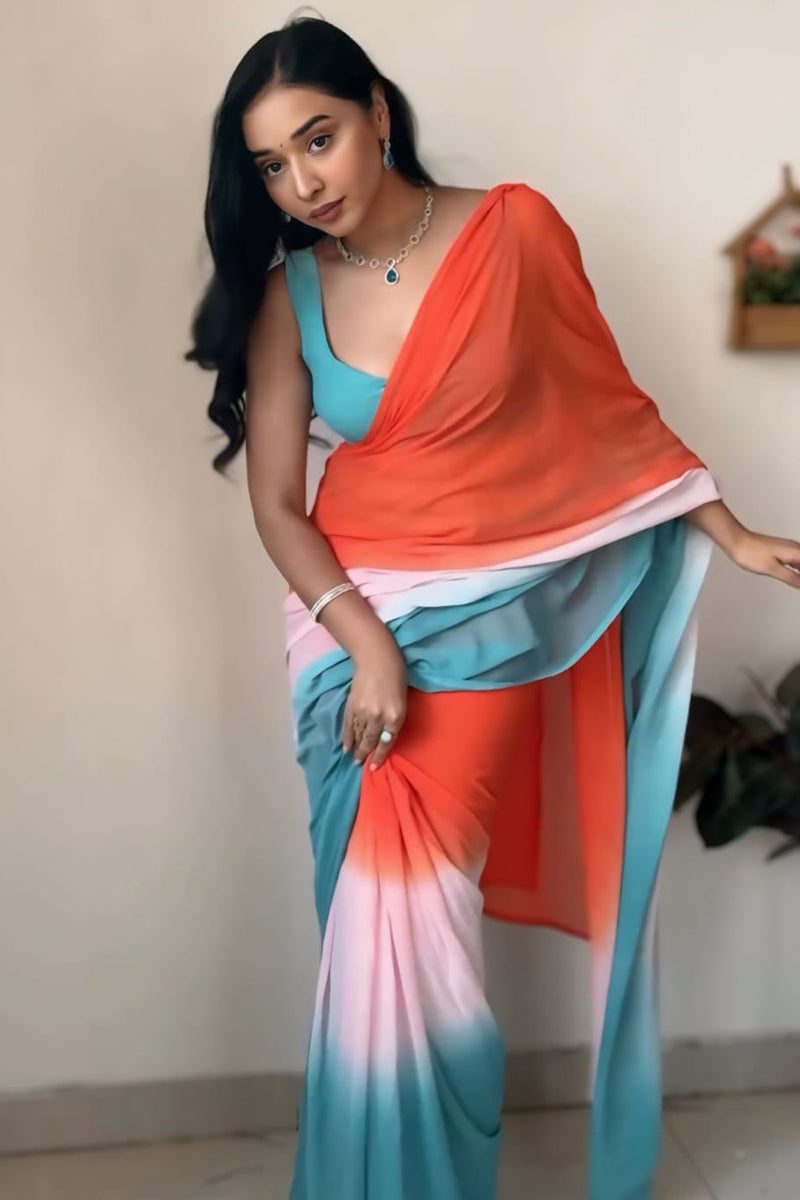 Whisper One Minute Ready To Wear Orange And Firozi Georgette Saree