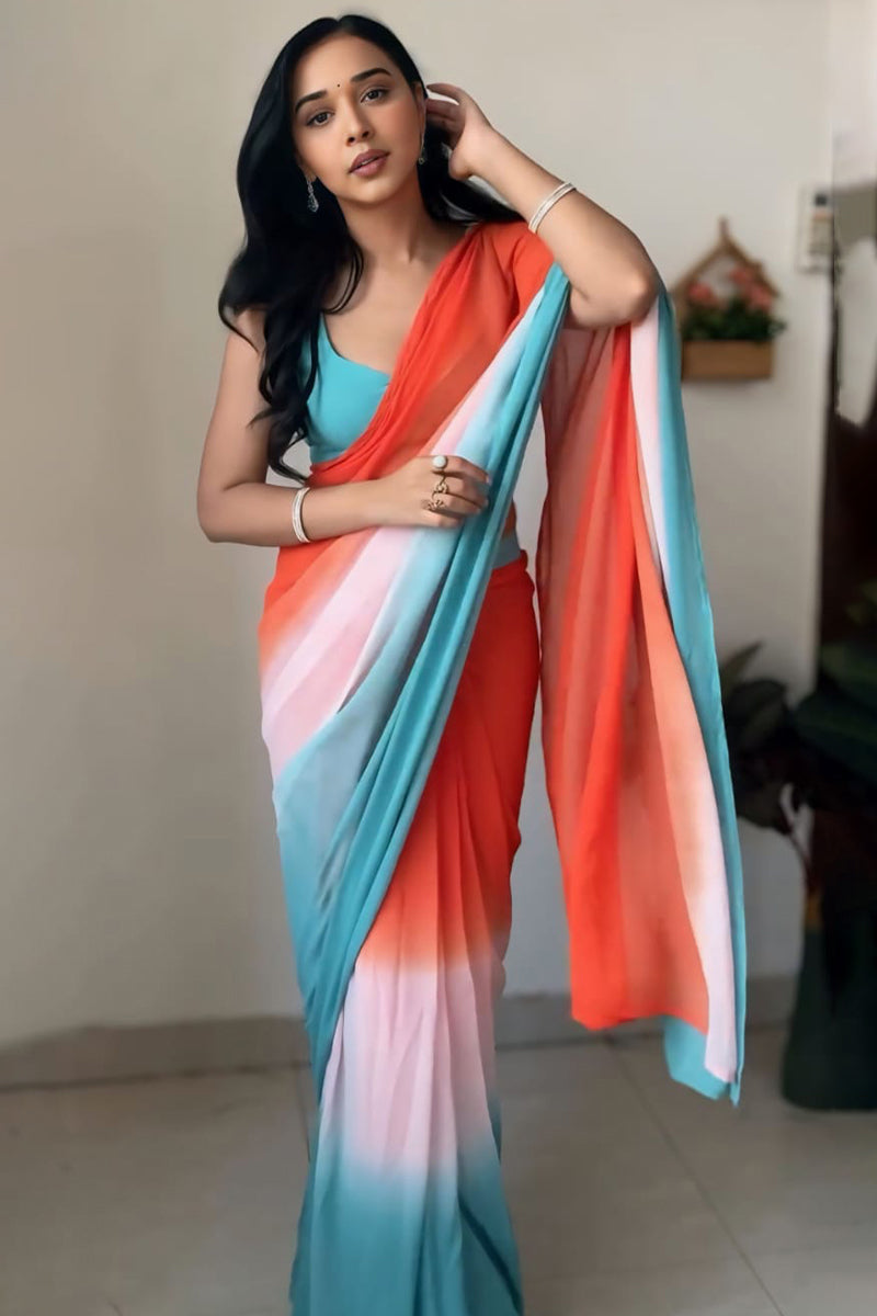 Whisper One Minute Ready To Wear Orange And Firozi Georgette Saree