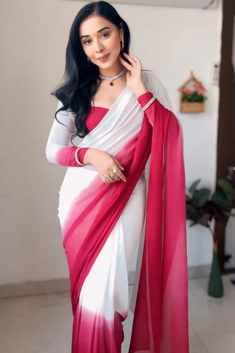 Tender One Minute Ready To Wear Dark Pink And White Georgette Saree