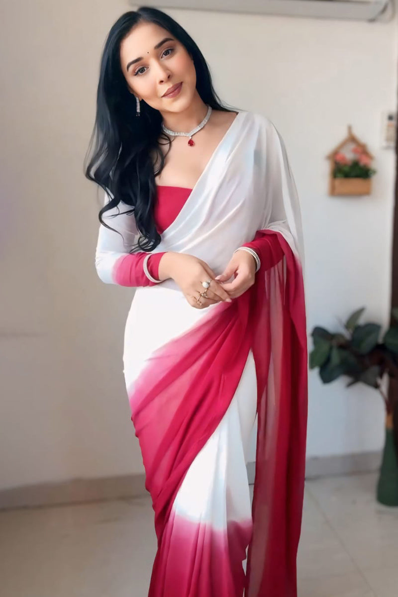 Tender One Minute Ready To Wear Dark Pink And White Georgette Saree