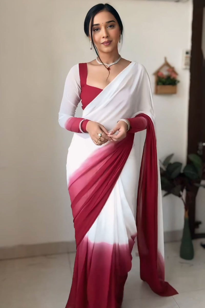 Tender One Minute Ready To Wear Dark Pink And White Georgette Saree