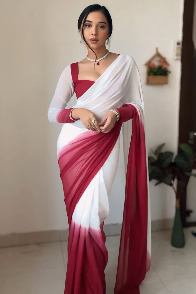 Tender One Minute Ready To Wear Dark Pink And White Georgette Saree