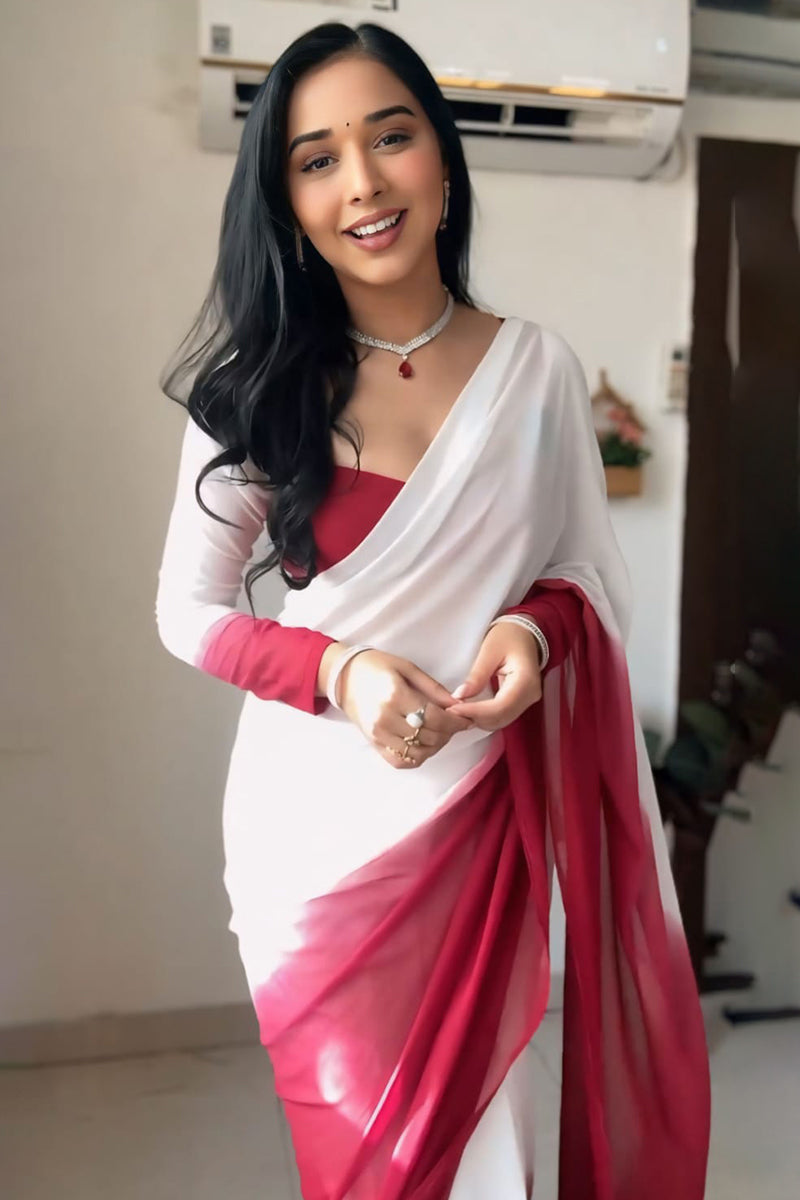 Tender One Minute Ready To Wear Dark Pink And White Georgette Saree